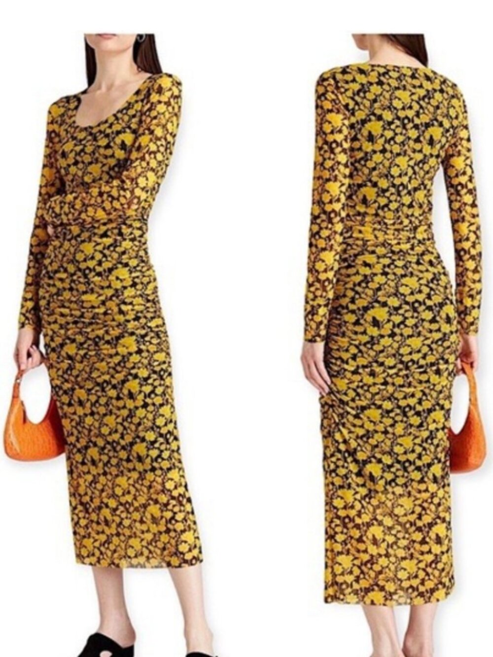 Ganni Yellow Floral Print Stretch Mesh Dress with Ruching Detail. Size 34 (XS)